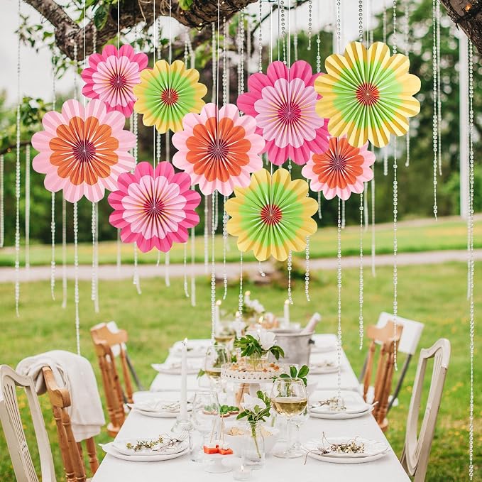 SUNBEAUTY 9 Pcs Paper Flowers Fans Hot Orange and Hot Pink Party Spring Summer Decorations Tissue Paper Flowers Decorations for Girl Groovy Birthday Baby Shower Wedding Bachelorette Room Wall Hanging