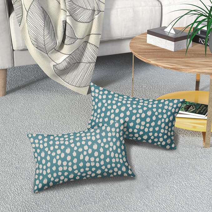Aqua Cream Dots Lumbar Pillow Covers 12x20 Set of 2 Boho Design Polka Dot Print Throw Pillows Modern Outdoor Decorative Pillowcase Rectangle Linen Cushion Cases Decor for Sofa Couch Bed
