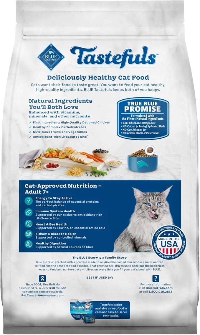 Blue Buffalo Tastefuls Chicken & Brown Rice Senior Dry Cat Food, 3 lb | Chicken & Brown Rice Recipe, For Cats 7 Years and Older, Antioxidant-Rich LifeSource Bits