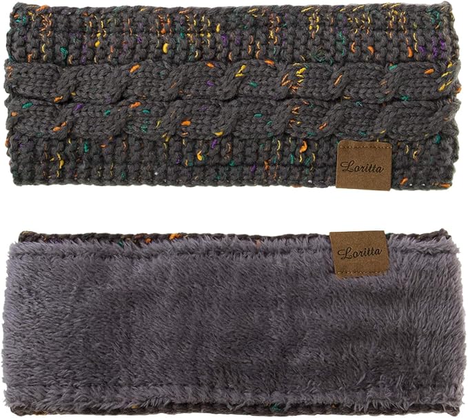 Loritta 2 Pack Headbands for Women Winter Warm Cable Knit Ear Warmer Thick Head Wrap Fuzzy Fleece Lined Gifts