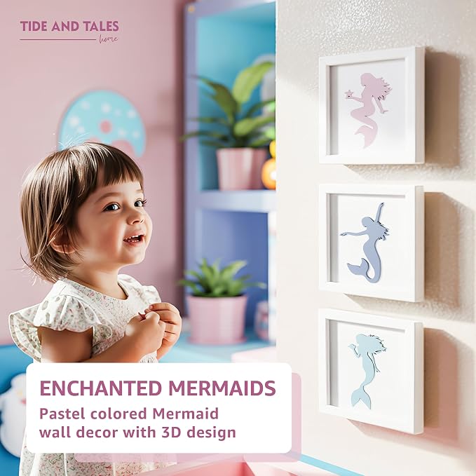 Tide and Tales Elegant 3D Mermaid Wall Decor, Framed Wooden Set of 3 Silhouettes in Pastel Colors, Mermaid Bathroom Decor, Ocean Room Decorations for Girls Bedroom, Ocean Wall Art