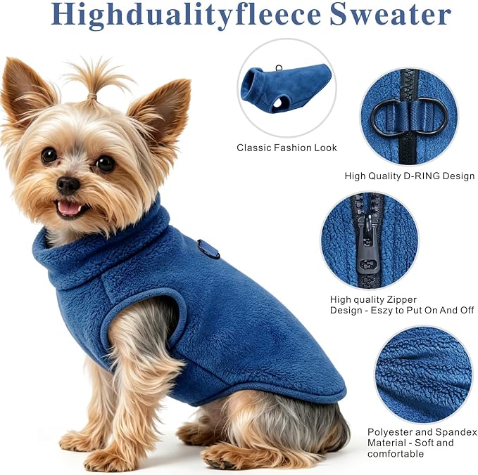 Idepet Dog Fleece Vest Sweater Zip Up Warm Pullover Dogs Jacket with D-Ring Leash Winter Cold Weater Coat Pet Sweatershirt Clothes Hoodie for Small Medium Dogs Boy Girl (Navy Blue, XL)