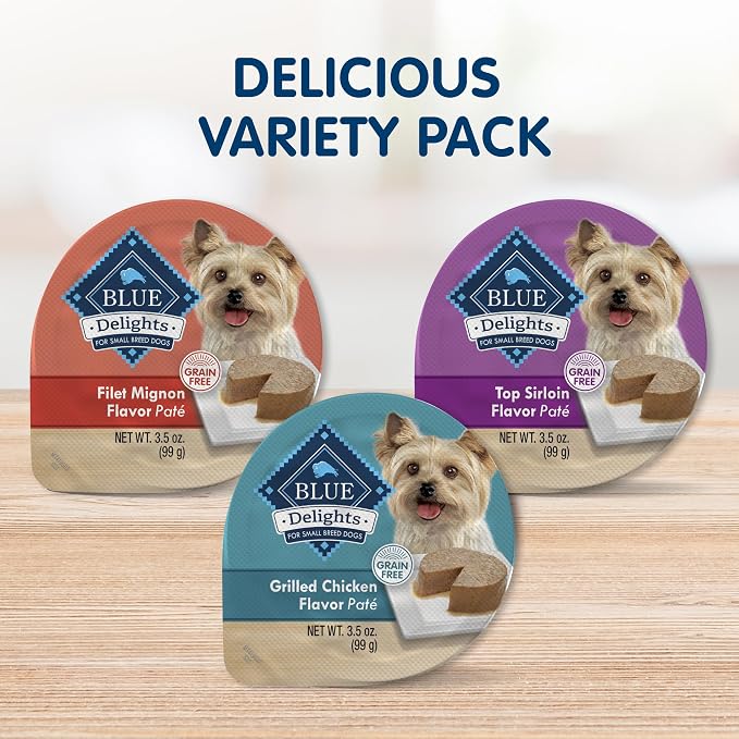 Blue Buffalo Delights Variety Pack Small Breed Wet Dog Food, 3.5 oz, 24 ct | Chicken, Top Sirloin & Filet Mignon (8 of Each), Adult Formula, Grain-Free, Pate Style, No Corn, Wheat, or Soy