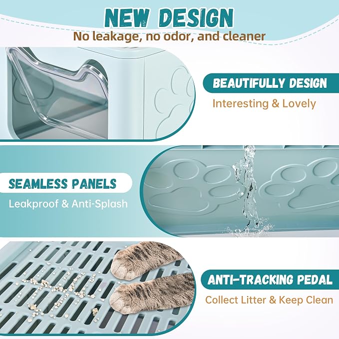 Covered Cat Litter Box, Extra Large Drawer Design with Dual Entry,Baby Blue | 13L litter capacity, adjustable door, leakproof structure, cleaning accessories, complimentary cat litter mat