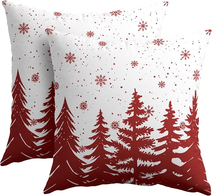 Kawani Christmas Trees Throw Pillow Covers 18x18 Inches, Set of 2 Red White Xmas Tree Snowflakes Cotton Linen Pillowcase Soft Farmhouse Cushion Case for Couch Sofa Bed Living Room Decor