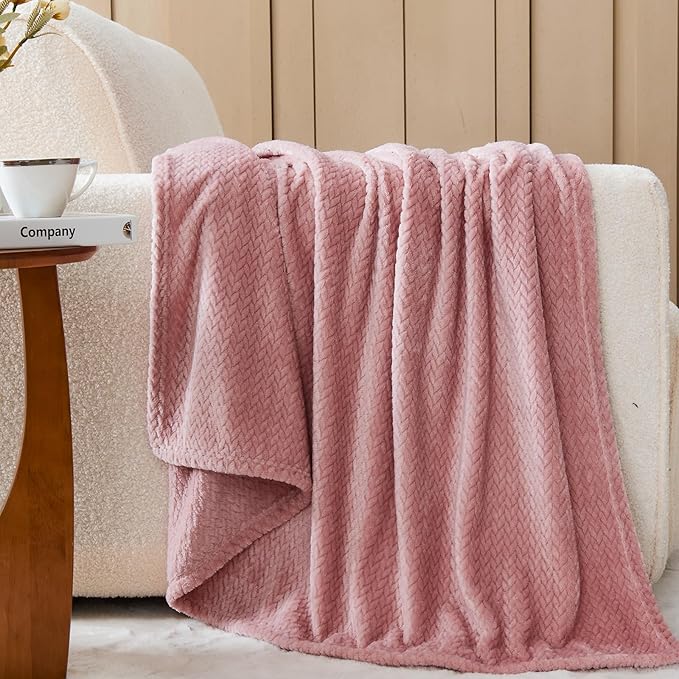 NEWCOSPLAY Fleece Leaves Pattern Throw Blanket, Dusty Pink, 50"x60" | Super Soft Throw Blanket, Lightweight Cozy Bed Sofa Blanket, Premium Silky Flannel Fleece, Travel Blanket for All Season Use