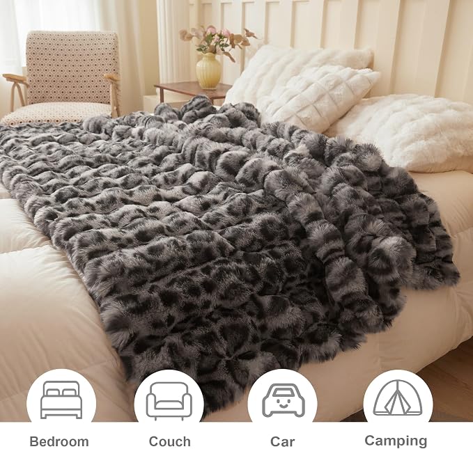 LIFEREVO Leopard Print Luxury Fluffy Faux Rabbit Fur Throw 50x60, Gray | Cheetah Print Plush Bubble Blanket for Bed Couch Sofa, Washable Soft Comfy Furry Lap Throw for Home Office Adults Teens Kids