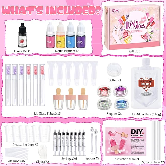 Jcoos DIY Lip Gloss Making Kit, DIY Lip Glosses Set to Make Your Own Lip Stick, Fun Craft Makeup Lipglosses, All-Inclusive Moisturizing Handmade Lip Glaze Supplies Set for Beginner Women Girls
