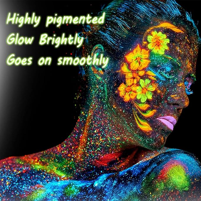 CCbeauty 8 Colors Neon Liquid Face Paint Makeup, Sweatproof, Smudgeproof, Waterproof UV Eye Liner Set, Glow Face Painting Kit for Adults Artist Halloween Christmas Birthday Party