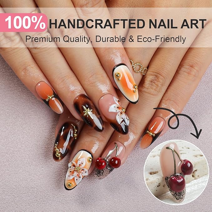 Handmade Press On Nails Almond, Luxury French Tips with Leopard Print, 3D Cherry & Flowers Rhinestones Design Short Fake Nails, Salon-Quality Reusable, Fall/Winter Gift, 10pcs