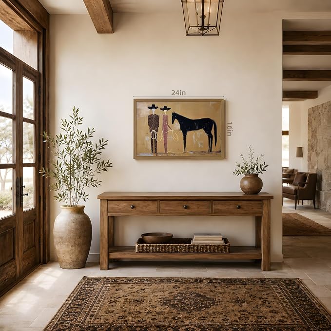 VziizV Vintage Western Cowboy Canvas Wall Art, Abstract Southwestern Cowgirl Artwork, American Ranch Farmhouse Decor, Minimalist Black Horse Canvas for Living Room Bedroom Wood Framed 12x16 Inch