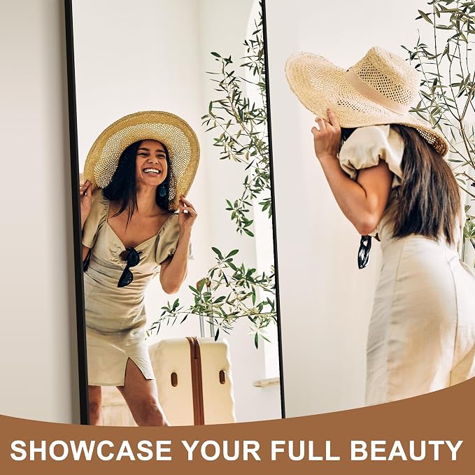 Arched Full Length Mirror with Stand, 70x30 Black Floor Mirror | Aluminium alloy frame with HD float glass for distortion-free reflection. Free standing or wall mounted.