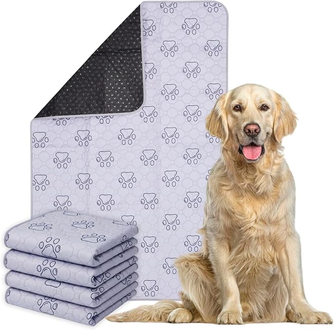 Washable Reusable Dog Pee Pads (Pack of 4) – 34” x 52” Extra Large Training Pads with Non- Slip Backing – Waterproof, Leakproof, Absorbent Pet Pads for Puppies & Dogs
