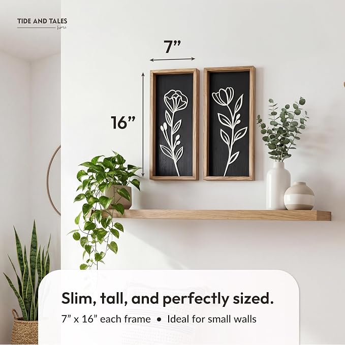 3D Vintage Black Living Room Decor (Set of 2) Lightweight, Wooden Ready-to-Hang Framed Moody Floral Wall Art for Bathroom, Bedroom or Office - Dark Textured Boho Farmhouse Wall Decor - Gift-Boxed