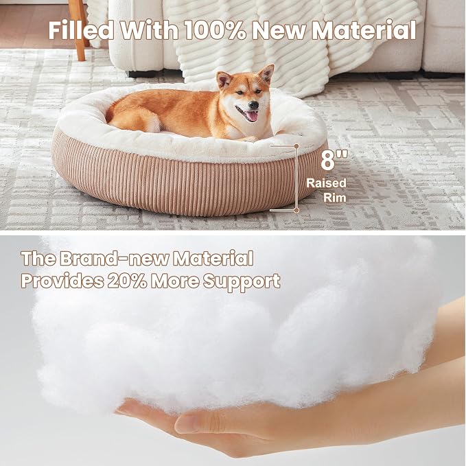 33 inches Calming Donut Dog Bed for Medium Plus Dogs,Brown | Round Pet Bed with Removable&Washable Cover,Plush Faux Fur & Corduroy, Fits Pets up to 50 lbs