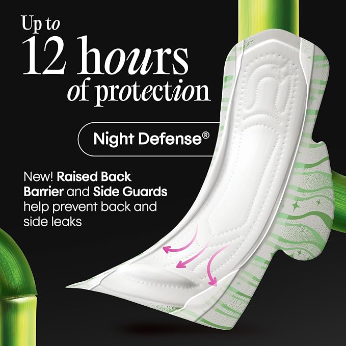 Kotex Bamboo Ultra Thin Overnight Pads with Wings, 72 Count (2 Packs of 36) (Packaging May Vary)