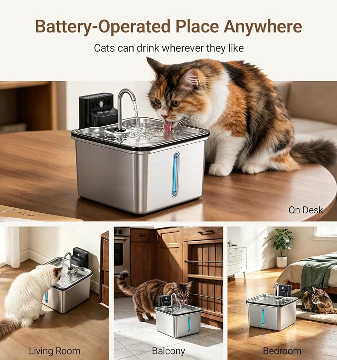 Wireless Cat Water Fountain, Water & Battery Separation, Faucet Design | PETALPAW Cat Fountain Stainless Steel, 4000mAh, 3.5L Cordless Pet Water Dispenser for Indoor Cats & Small Dogs, Silver
