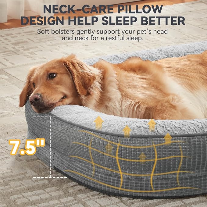 JOEJOY Orthopedic Dog Bed for Extra Large Dogs, XXL Egg-Crate Memory Foam Pet Bed with Bolster Sides, Waterproof Lining, Removable Washable Cover & Non-Slip Bottom, Light Grey