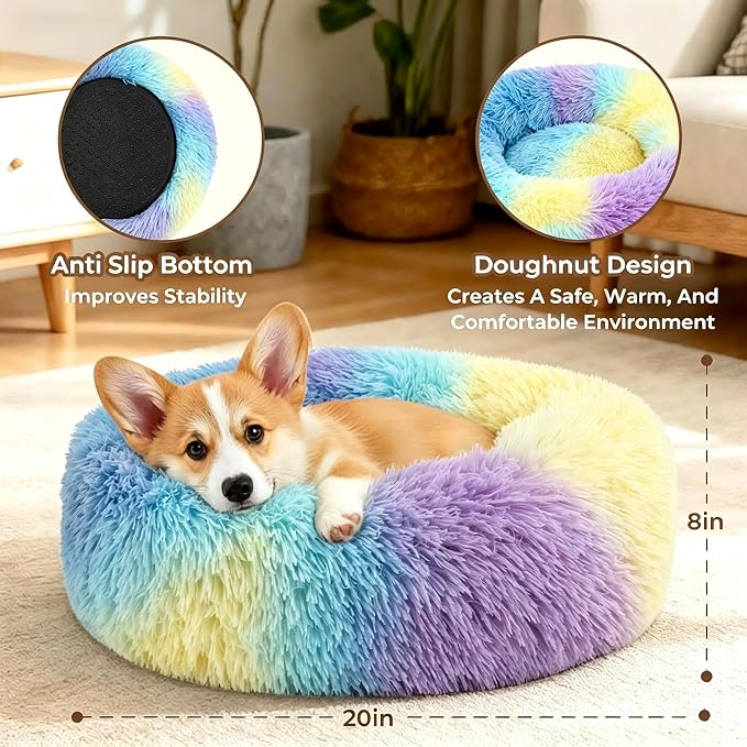 Calming Donut Dog and Cat Bed for Indoor Cats, Anti-Anxiety Round Fluffy Soft Washable Small Pet Bed for Puppy and Kitten, Warming Comfortable Luxury Anti-Slip Waterproof Mute Base 20in Rainbow