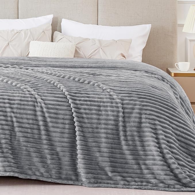 BEDELITE 3D Ribbed Jacquard Grey King Size Blankets for Bed, 108x90 Inch | Soft Warm Decorative Fluffy Blanket, Cozy Fuzzy Lightweight Plush Fleece Throw Blankets for Bed, Room Decor, Gift for Women