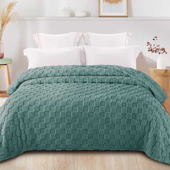 Exclusivo Mezcla 3D Checkered Fleece Twin Blanket for Bed, Celadon | Super Soft and Cozy Fluffy Bed Blanket, Cute Fuzzy Blanket for Teens Back to School, Dorm Essentials, All Season, 60"x80"