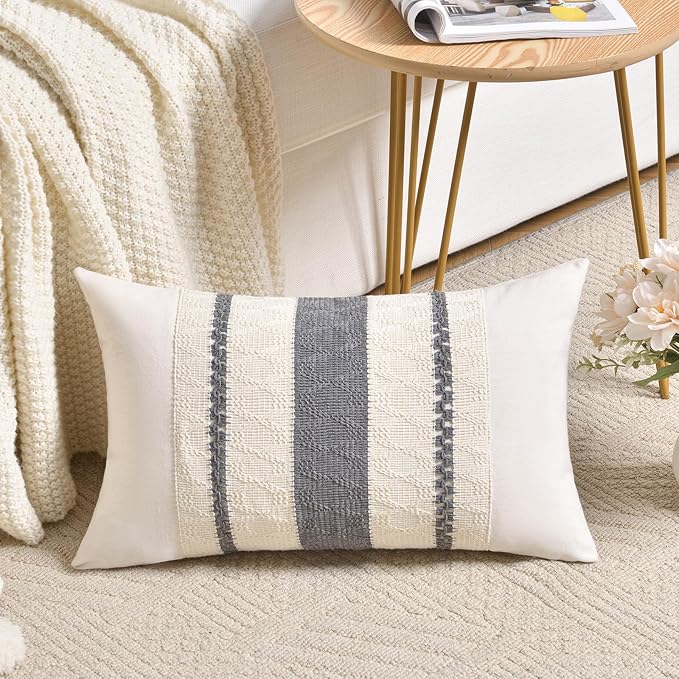 Fancy Homi Set of 2 Neutral Grey Farmhouse Long Lumbar Decorative Throw Pillow Covers 16x24 Inch for Couch Bed Chair, Vintage Country Rustic Retro Room Decor, Soft Thick Cotton Rectangle Cushion Case