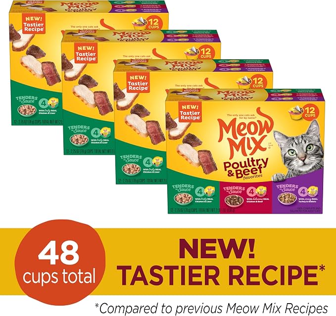 Meow Mix Tenders in Sauce Wet Cat Food,Poultry & Beef Variety Pack,2.75 Ounce Cup,(Pack of 96)
