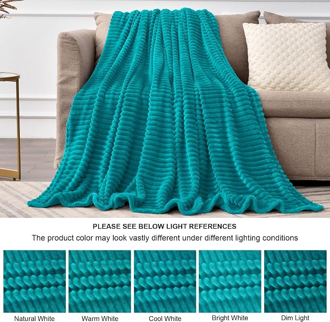 BEDELITE 3D Ribbed Ocean Blue Fleece Throw Blanket for Couch, 50x60 Inch | Soft Warm Decorative Fluffy Blanket, Cozy Plush Lightweight Fuzzy Throw Blanket for Bed Sofa Home Room Decor, Gift for Women