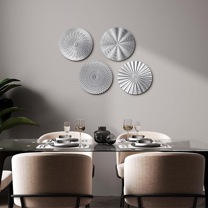 Hicarer 4 Pcs 12 Inch Silver Metal Wall Art Decor Modern Sunburst Hanging Artwork Decor Wall Decorations for Home Bedroom Bathroom Living Room Office Sculpture