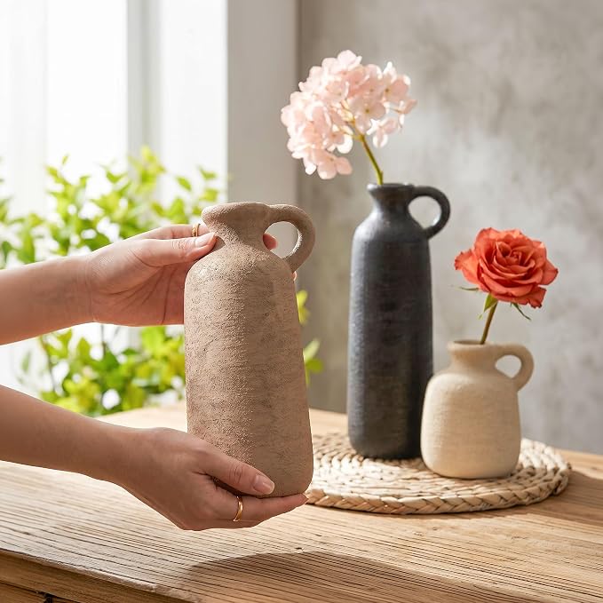 Ceramic Vase Set, 3Pcs Flower Vases for Modern Boho Farmhouse Decor, Decorative Vases for Pampas Grass & Dried Flowers, Distressed Finish