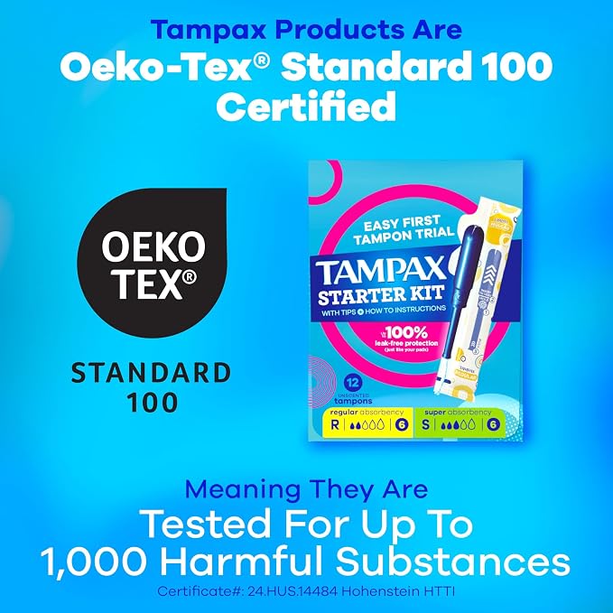 Tampax Starter Kit Multipack, with LeakGuard Braid, Regular/Super Absorbency, Easy First Tampon Trial, Unscented, 12 Count