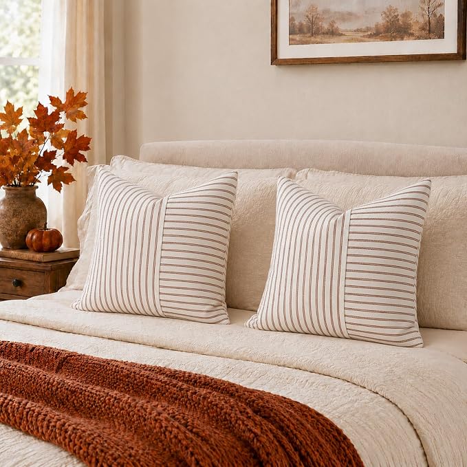 YCOLL Farmhouse Fall Pillow Covers 20x20, Modern Accent Square Throw Pillow Covers Set of 2, Rust and Beige Striped Patchwork Linen Decorative Cushion Covers for Couch Chair Bedroom Fall Decorations