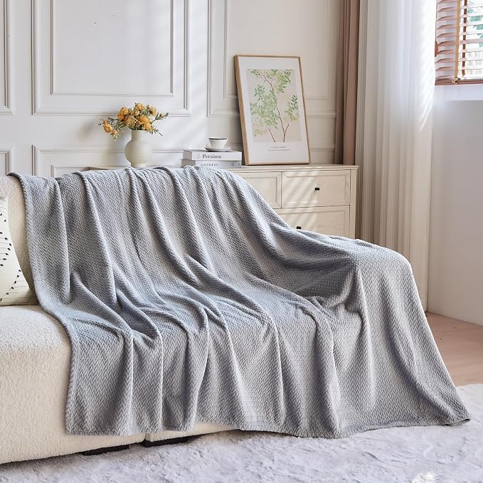 NEWCOSPLAY Fleece Leaves Pattern Throw Blanket, Grey, 50"x60" | Super Soft Throw Blanket, Lightweight Cozy Bed Sofa Blanket, Premium Silky Flannel Fleece, Travel Blanket for All Season Use