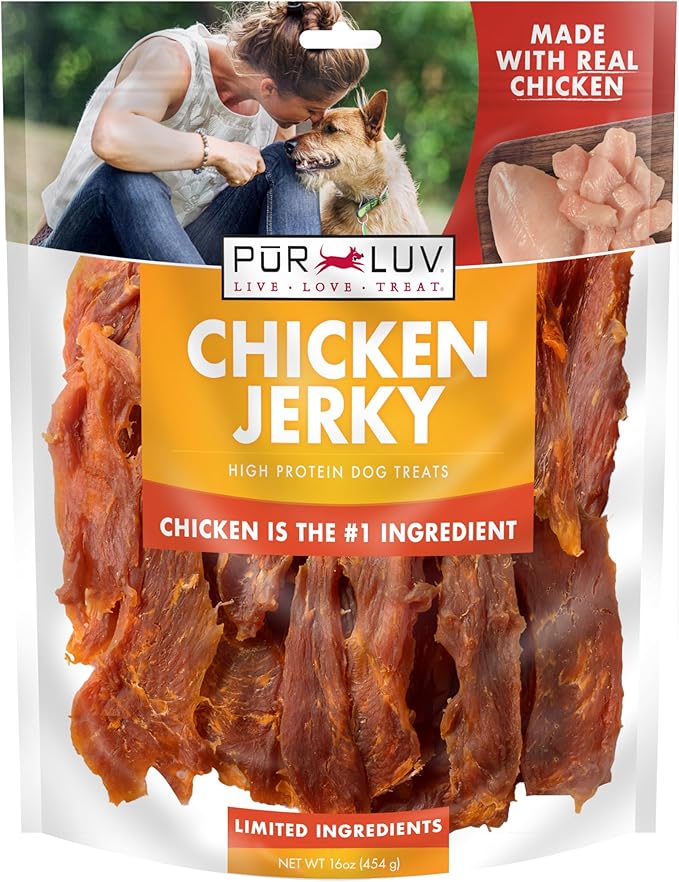 Pur Luv Chicken Jerky Dog Treats, Made with 100% Real Chicken Breast, 16 Ounces, Healthy, Easily Digestible, Long-Lasting, High Protein, Satisfies Dog's Urge to Chew | 3-ingredient jerky: whole-muscle chicken breast, 12g protein/treat; no dyes, fillers...