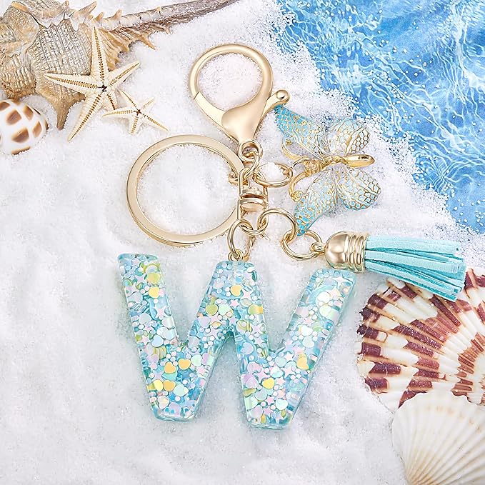 Fashion Alphabet Initial Letter Keychain Tassel Butterfly Pendant Key Ring for Purse Handbags Women Girl