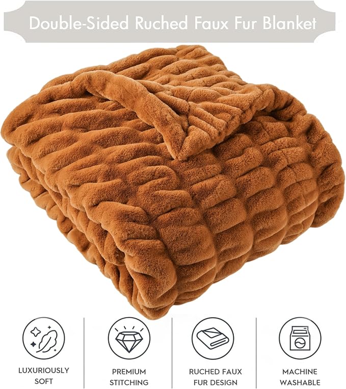 BATTILO Faux Fur Burnt Orange Throw Blanket for Couch, 50"x60", Double Side | Orange Bubble Blanket, Fall Throw Blanket, Fall Decor, Halloween Decorations, Soft Cozy Faux Fur Blanket For Bed, Living Room
