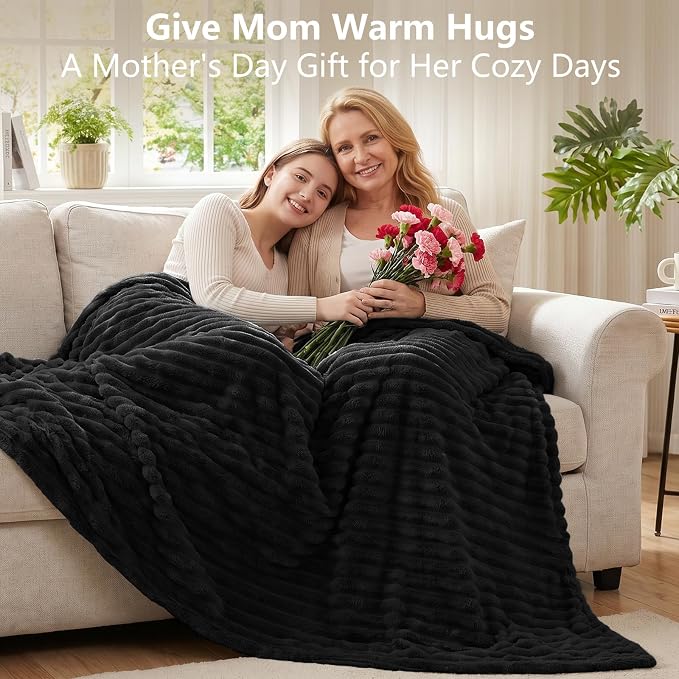 Black Blankets Queen Size for Bed, 90 x 90 Inch | 300GSM Ribbed Fleece Blanket, Soft, Cozy & Lightweight, OEKO-TEX Certified, All-Season for Bedrooms, Guest Rooms & Gifting