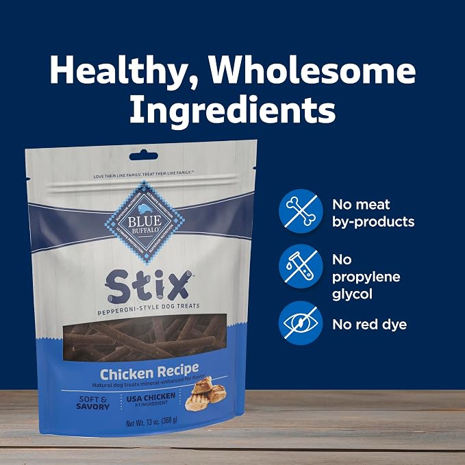 Blue Buffalo Stix Chicken Pepperoni-Style Dog Treats, 6 oz | Real Chicken #1 Ingredient, Soft & Easy to Tear, Developed by Veterinarians & Nutritionists, Great for Training