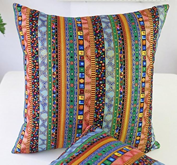TAOSON Green Stripe Bohemian Style Antique Cotton Blend Linen Sofa Throw Pillowcase Cushion Cover Pillow Cover with Hidden Zipper Closure Only Cover No Insert 24x24 Inch 60x60cm