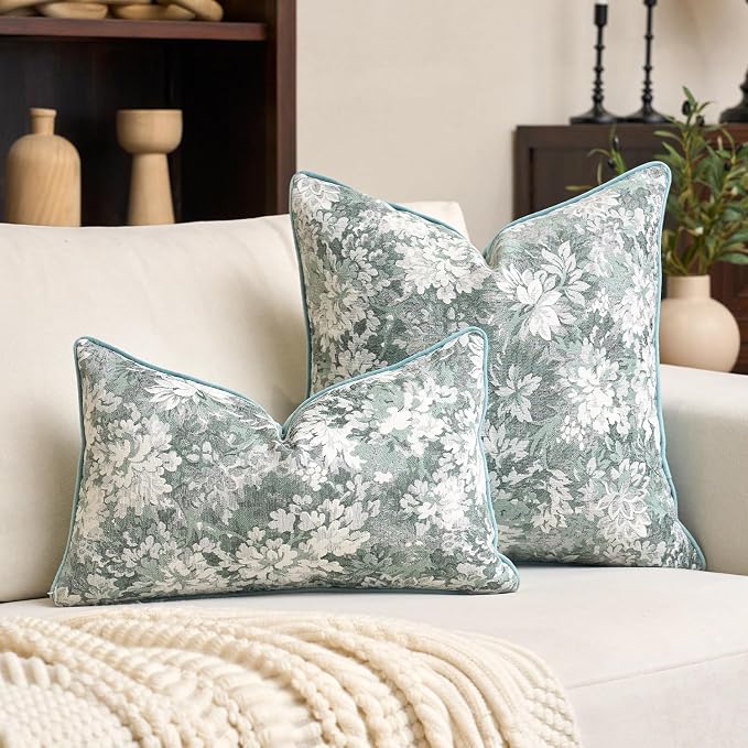 Alerfa Light Blue Neutral Floral Pillow Cover 20 x 20 Inch, Vintage Chenille Square Couch Pillow Cover Soft Decorative Farmhouse Accent Pillowcase for Living Room Bedroom