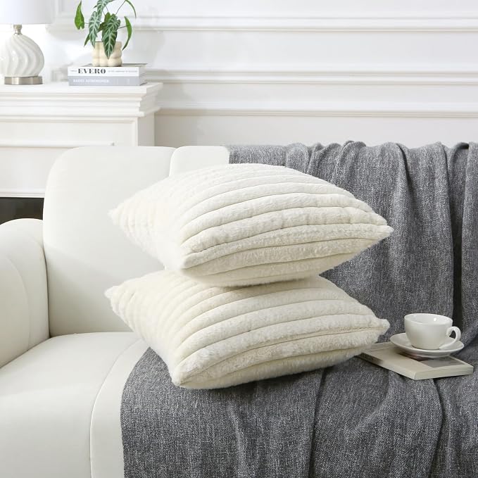 Decorative Throw Pillow with Inserts, Set of 2 Soft Faux Fur Throw Pillows, Square Boho Striped Pillow for Couch, Bed, Sofa Decor(Beige, 16" x 16")