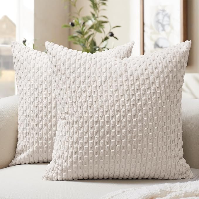 Softalker Corduroy Decorative Throw Pillow Covers 18x18, Set of 2, Beige | Soft Boho Striped Pillow Cases, Couch Fluffy Cushion Covers for Farmhouse Home Decor Bed Living Room