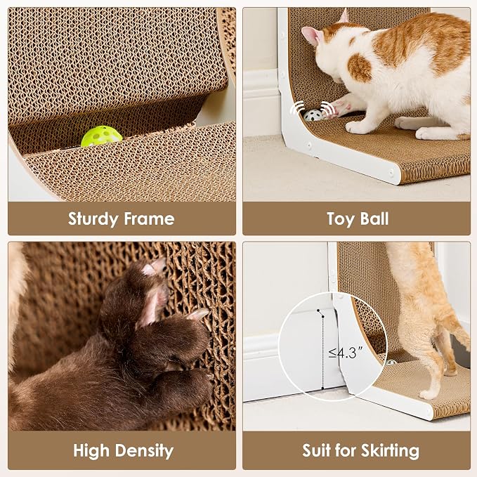 EHEYCIGA Cardboard Cat Scratcher for Indoor Cats, 26.8 Inch, White | L Shaped Scratching Post, Vertical Cat Scratching Board with Ball Cat Toy, Furniture Protector, Large Cat Scratch Pad