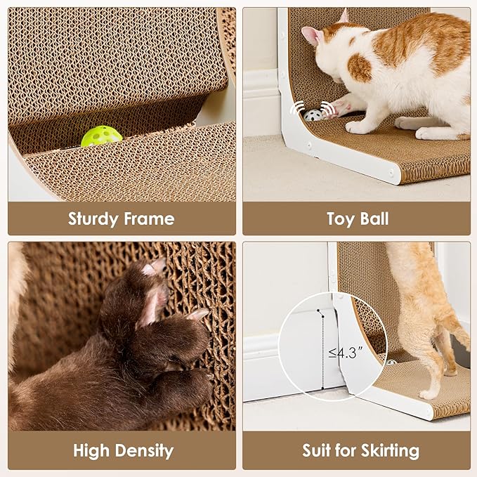 EHEYCIGA Cardboard Cat Scratcher for Indoor Cats, 19 Inch, White | L Shaped Scratching Post, Vertical Cat Scratching Board with Ball Cat Toy, Furniture Protector, Kitten Cat Scratch Pad