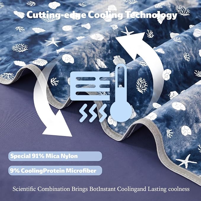 Cooling Blanket Queen Size (90"x90"), Double Sided Ice Cold Blanket for Hot Sleepers, Transfer Heat to Keep Cool, Soft Lightweight for Night Sweats, Bed & Couch, Ocean Design