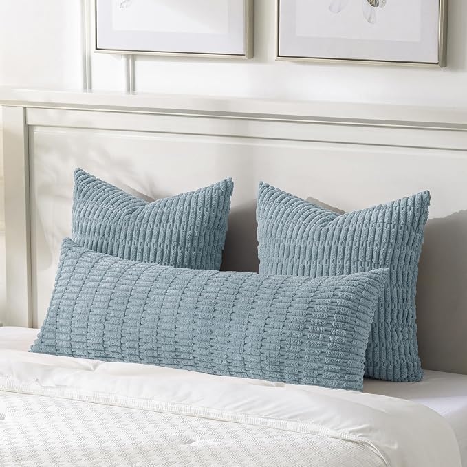 Fancy Homi Decorative Throw Pillow Covers for Bed Couch Bedroom Bench, Soft Corduroy Solid Pillow Case, Rustic Farmhouse Boho Room Decor,54" x 20" (Pack of 1),Light Blue