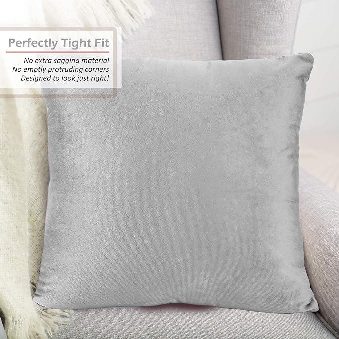 Throw Pillow Inserts Pack of 2 with Velvet Soft Solid Decorative Square Throw Pillow Covers Set for Sofa Couch Car Bedroom, 22X22 Throw Pillows Inserts with 20x20 Washable Cushion Covers, Light Grey
