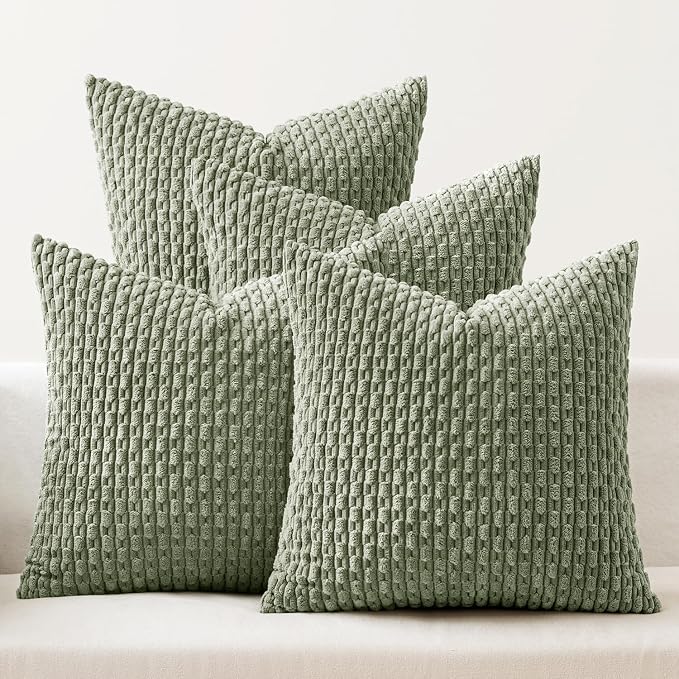 MIULEE Sage Green Decorative Throw Pillow Covers for Couch Living Room 18x18 Inch Soft Pillow Cases Set of 4 Boho Striped Corduroy Farmhouse Cushion Covers Spring Home Decor for Sofa Bed