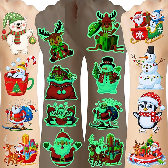 Luminous Christmas Temporary Tattoos - 60Pcs Christmas Decorations Xmas Party Decorations Party Favors Supplies Accessories Goodie Bags Decor Winter Reindeer Santa Claus Gift Idea For Kids Youth Adult
