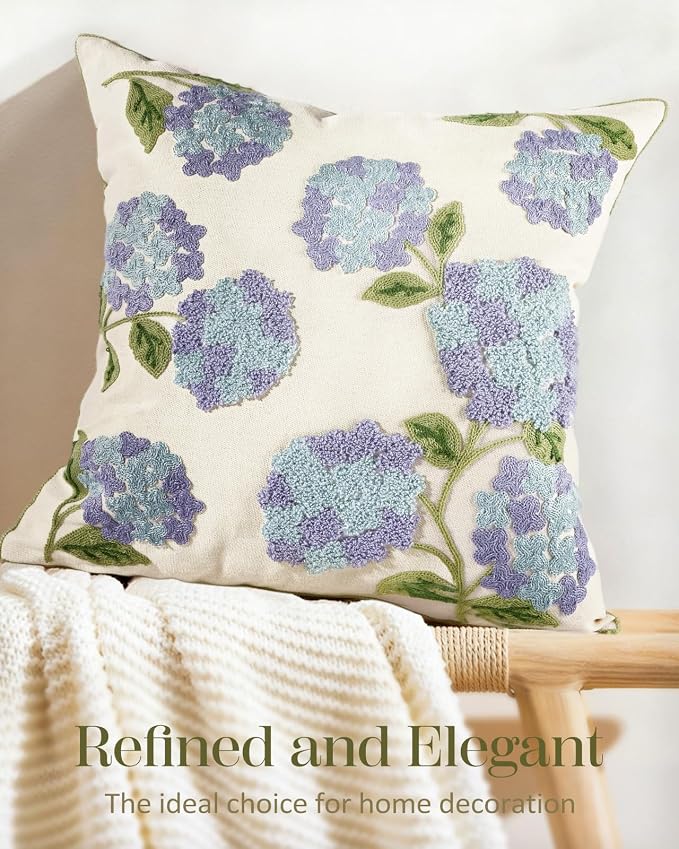 Embroidered Throw Pillow Cover - 18x18 Decorative Pillow Cover with Zipper Aesthetic Cute Design Boho Spring Summer Cozy Throw Pillowcase for Living Room Couch Sofa Bed, Blue Hydrangea